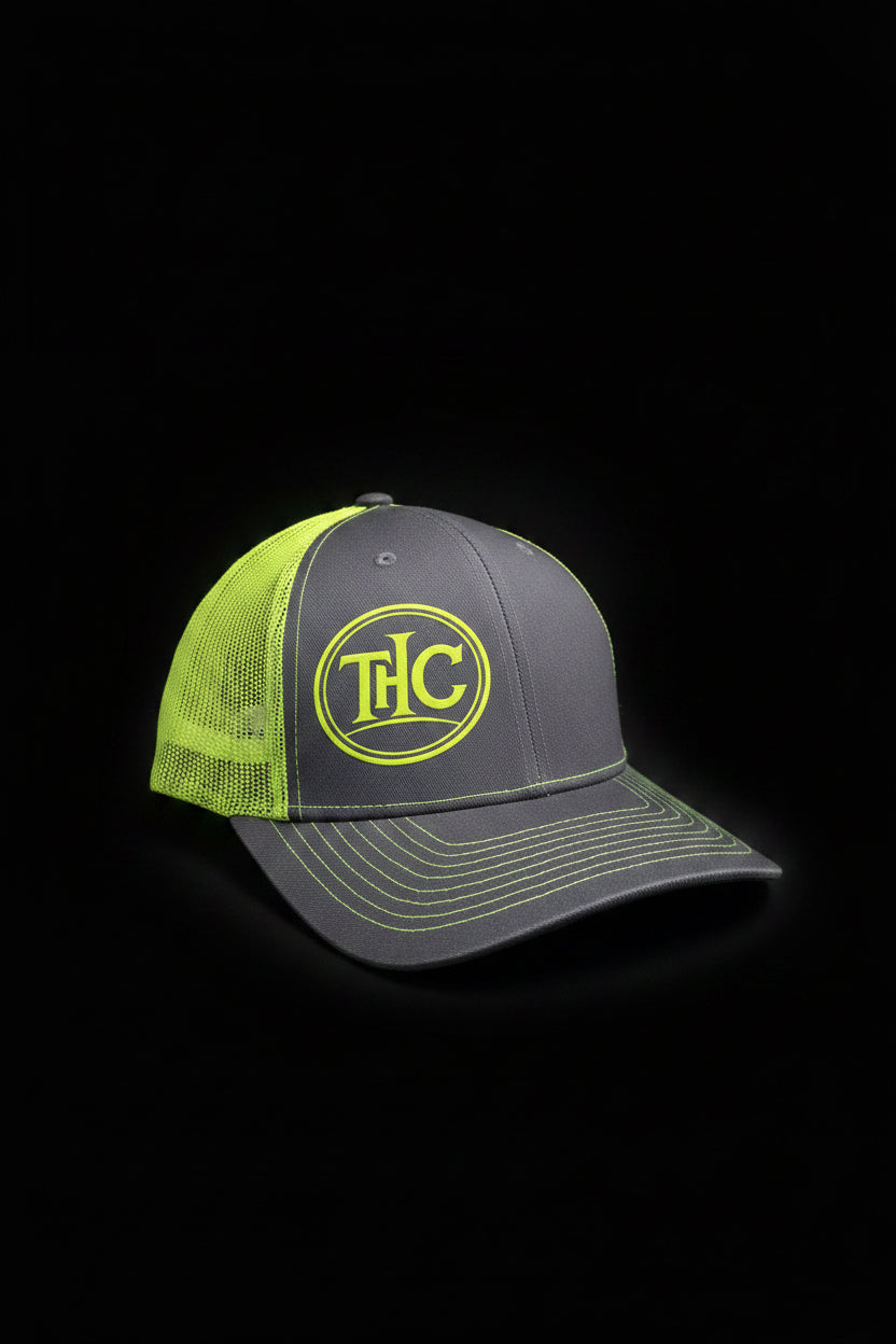 THC Official Apparel | Charcoal & Neon Yellow Trucker Snapback Hat – DTF Print Circle Logo