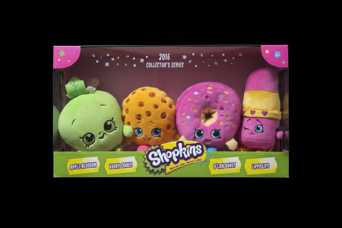 Shopkins Collector's Series Plush 4-Pack - 2016 Edition with Display Box (Posh Pear, Kooky Cookie, Donut, Lipstick)