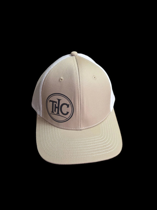 THC Logo Trucker Hat — Tan & White