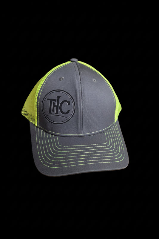 THC Logo Trucker Hat — Charcoal & Neon Yellow