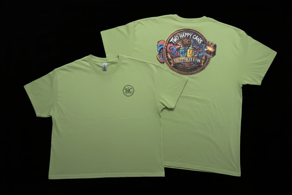 Two Happy Cans | Custom DTF Print Unisex Tee – Light Olive Green | Size 2X-Large