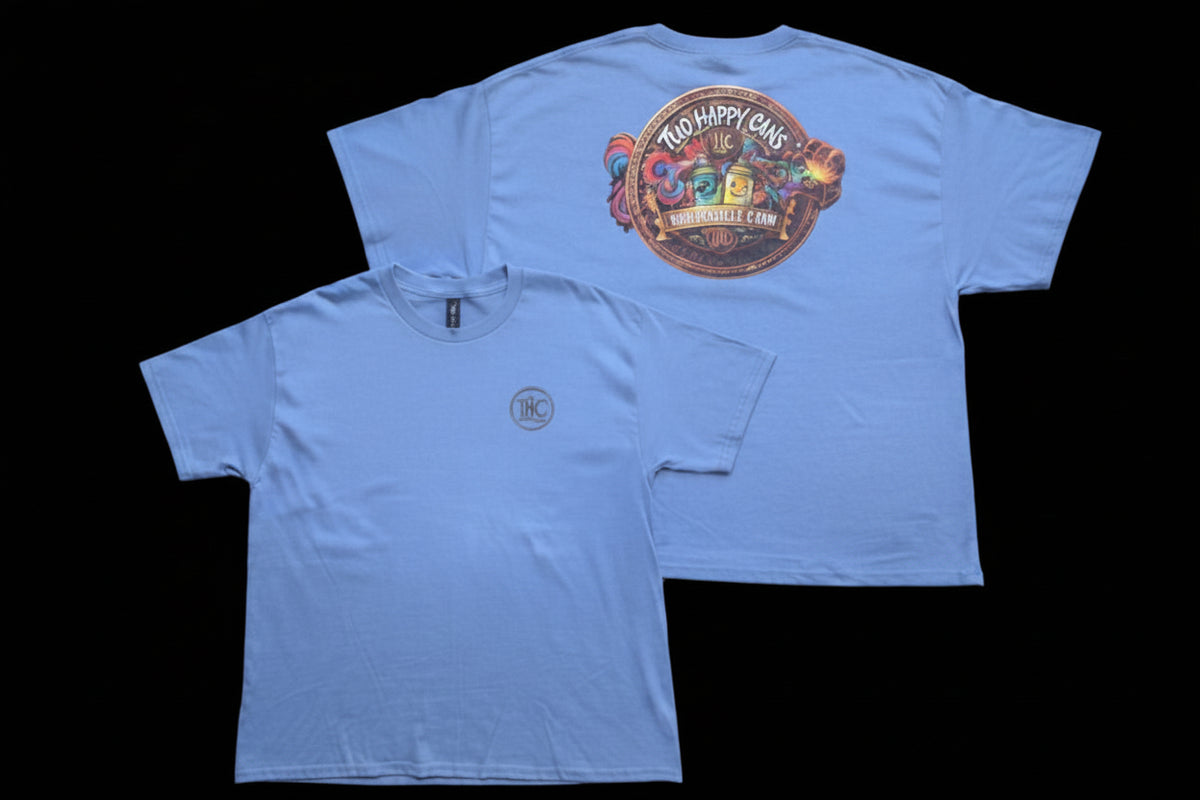 Two Happy Cans | Custom DTF Print Unisex Tee – Light Blue | Size Large