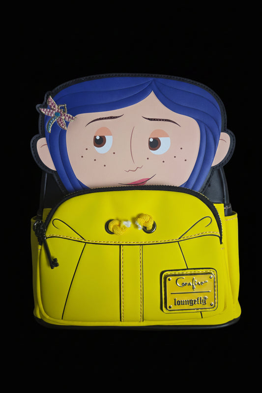 Loungefly Coraline | Character Face Mini Backpack – Yellow Raincoat & Blue Hair | The Cat Portal Back Print | Brand New with Tags