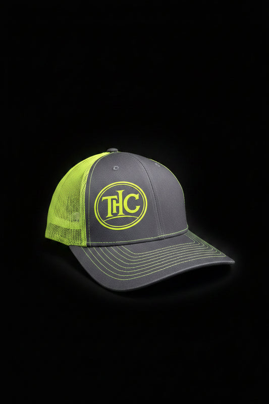 THC Official Apparel | Charcoal & Neon Yellow Trucker Snapback Hat – DTF Print Circle Logo