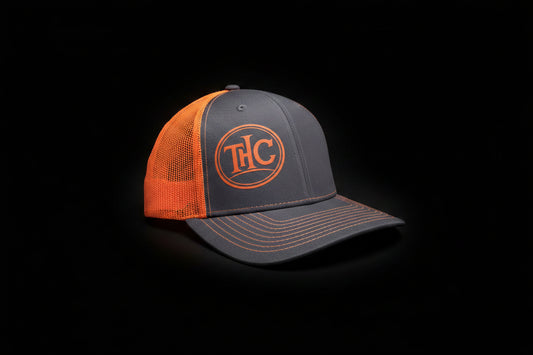 THC Official Apparel | Charcoal & Neon Orange Trucker Snapback Hat – DTF Print Circle Logo
