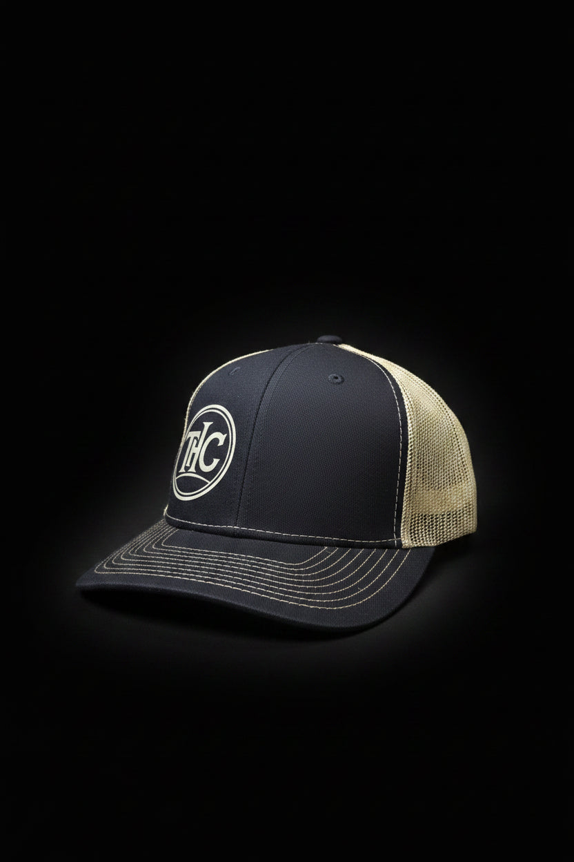 THC Official Apparel | Navy & Khaki Trucker Snapback Hat – DTF Print Circle Logo