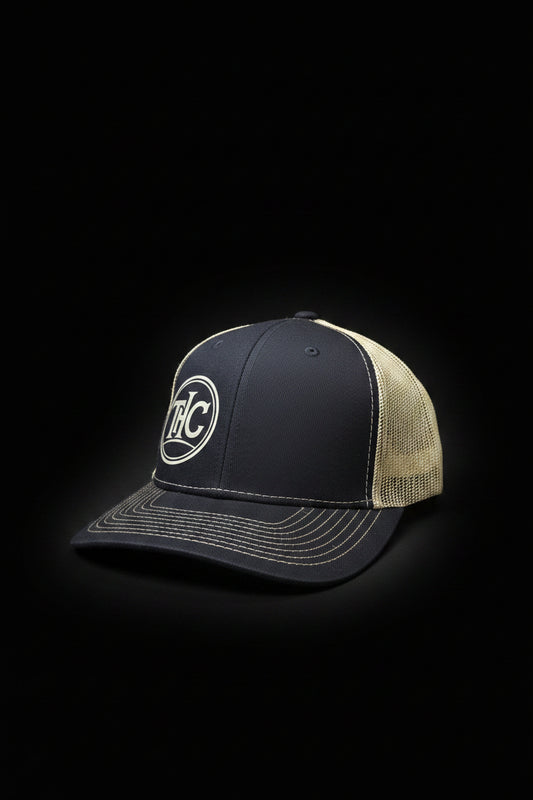 THC Official Apparel | Navy & Khaki Trucker Snapback Hat – DTF Print Circle Logo